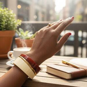 Vintage Chunky Resin Bangle Bracelet Brown Marbled Amber Ivory Gold Tone 70s 80s